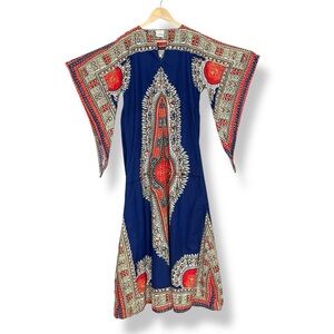Vintage 70s Kaftan Dress Dashiki African Print Bell Sleeve Hippie Maxi Caftan